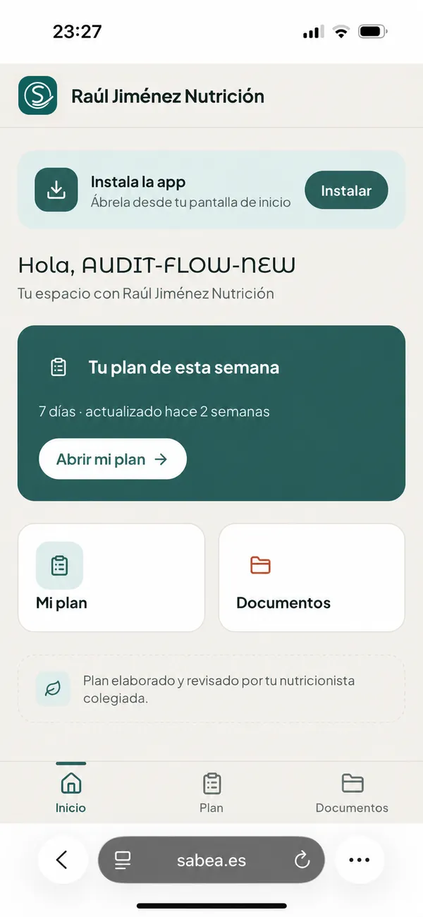 App del paciente (PWA) — Tu plan de esta semana, Mi plan, Documentos